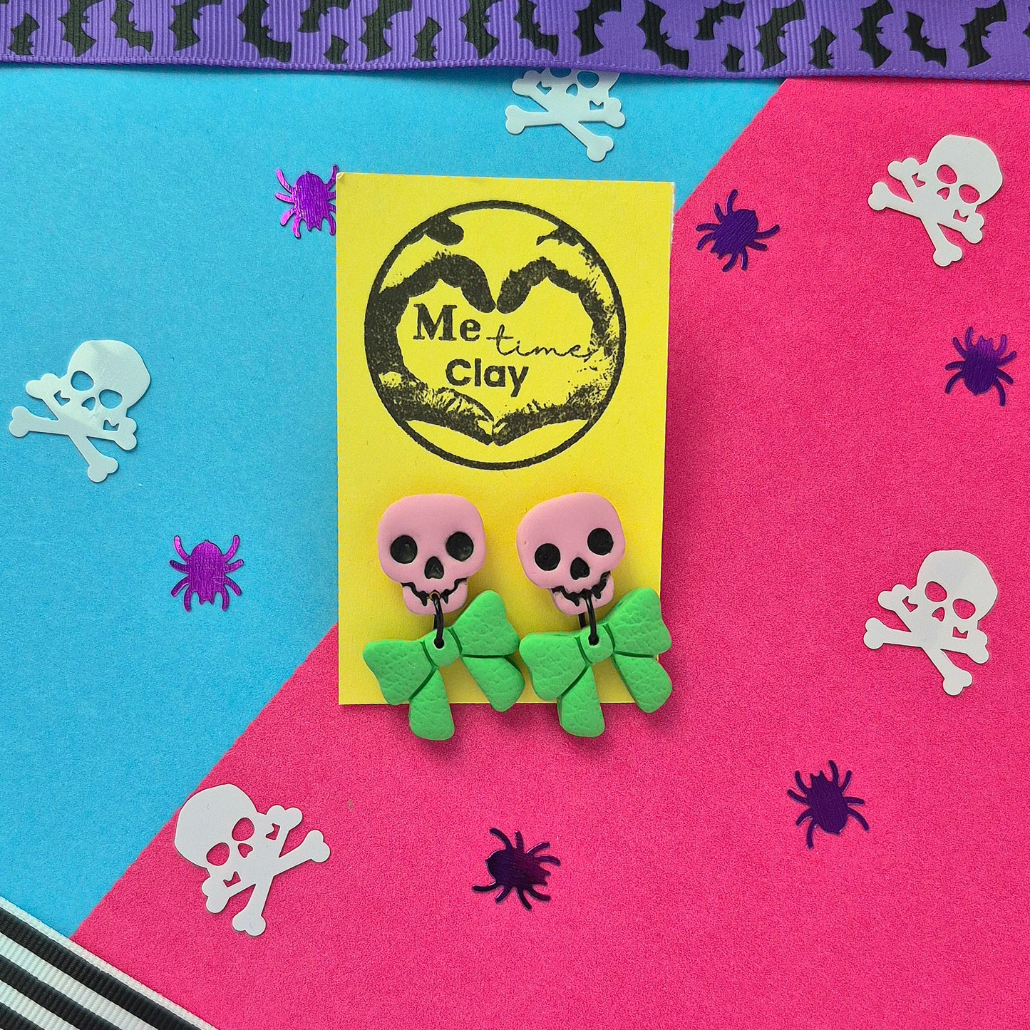 Cute halloween dangle earrings, skull + bow, light pink + green