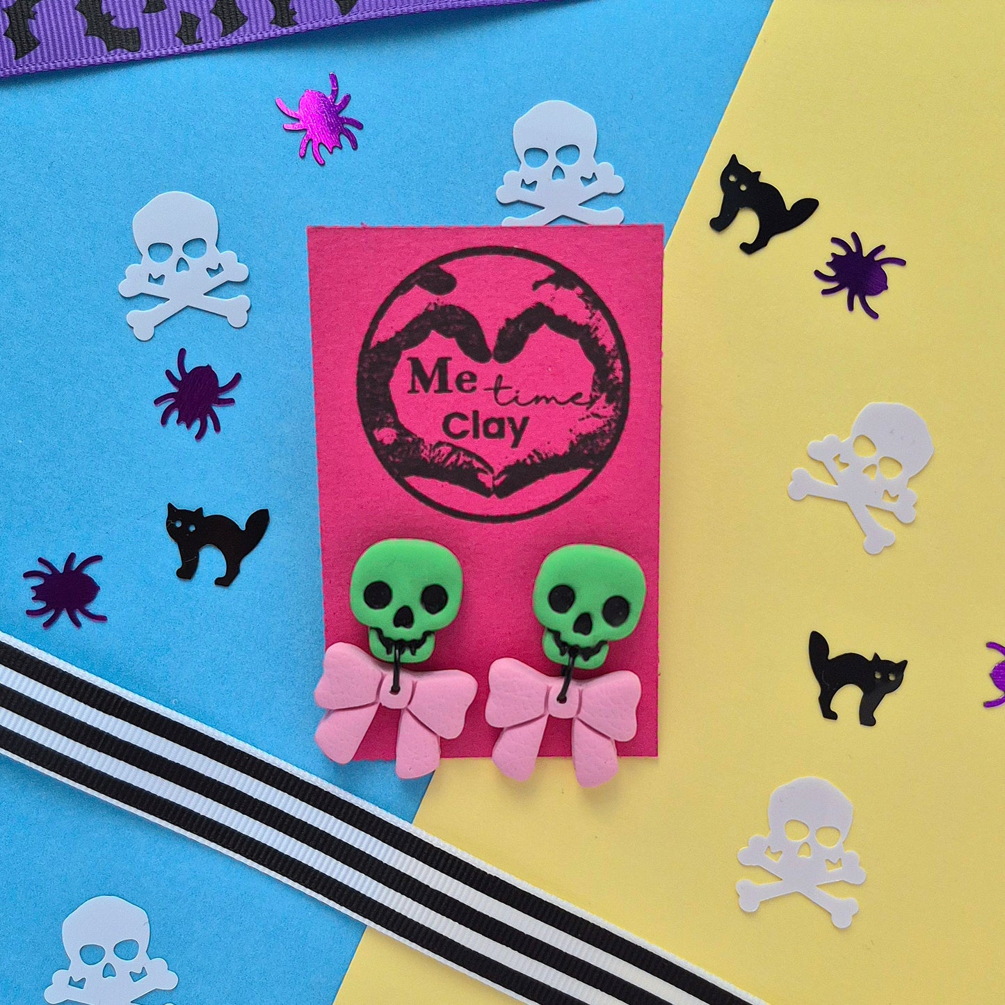 Cute halloween dangle earrings, skull + bow, green + light pink