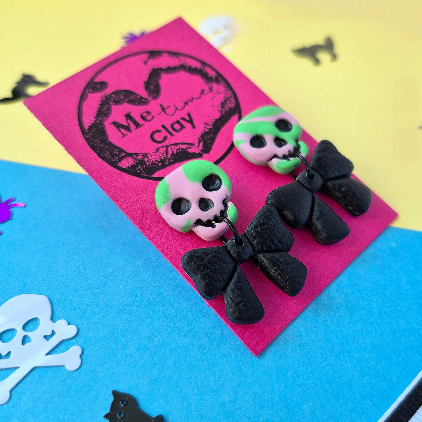 Cute halloween dangle earrings, skull + bow, green&green-pink + black