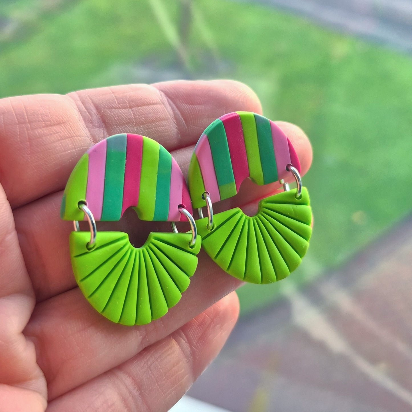 Geometric half circle polymer clay dangle earrings green