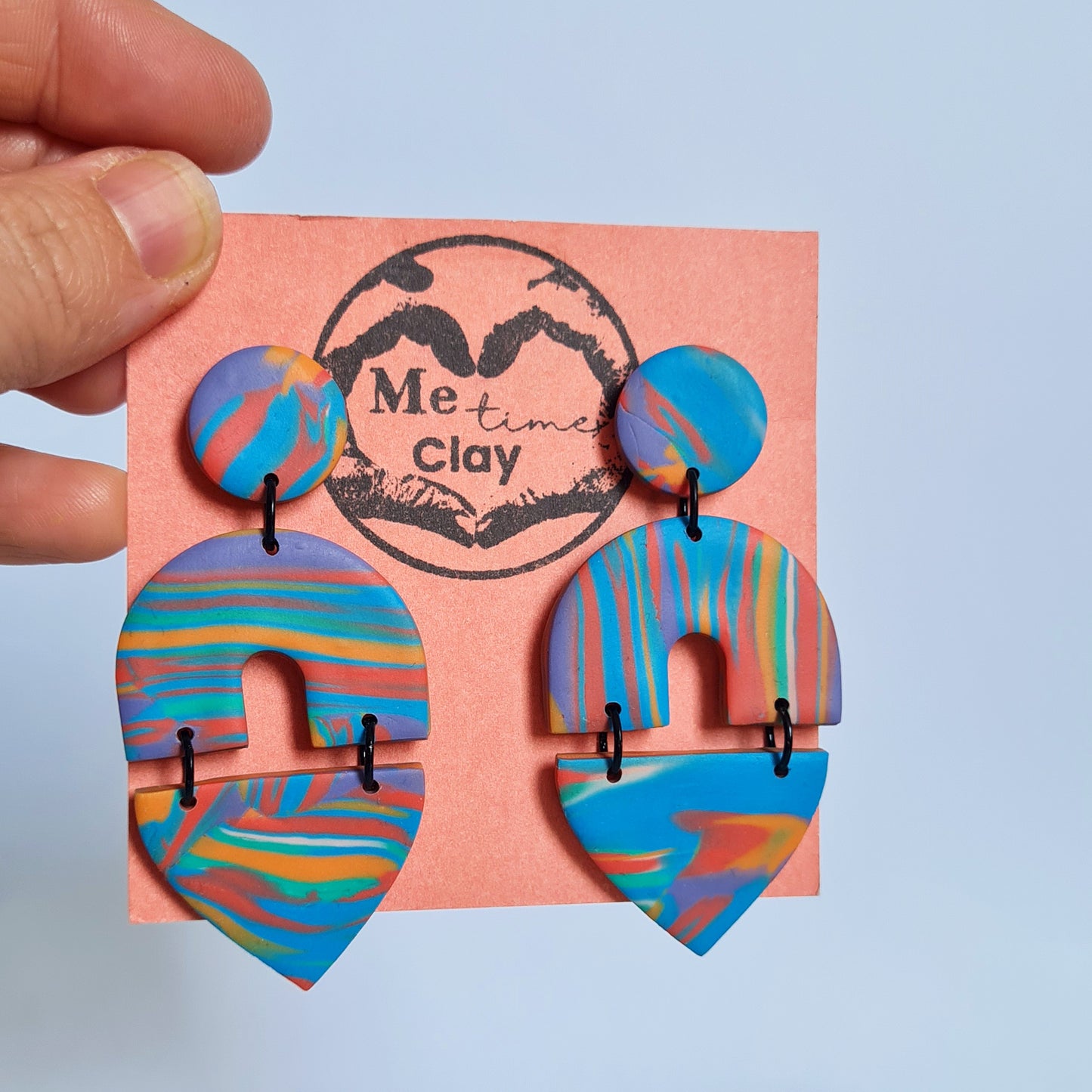 Aztec marbled polymer clay dangle statement earrings, zero waste earrings