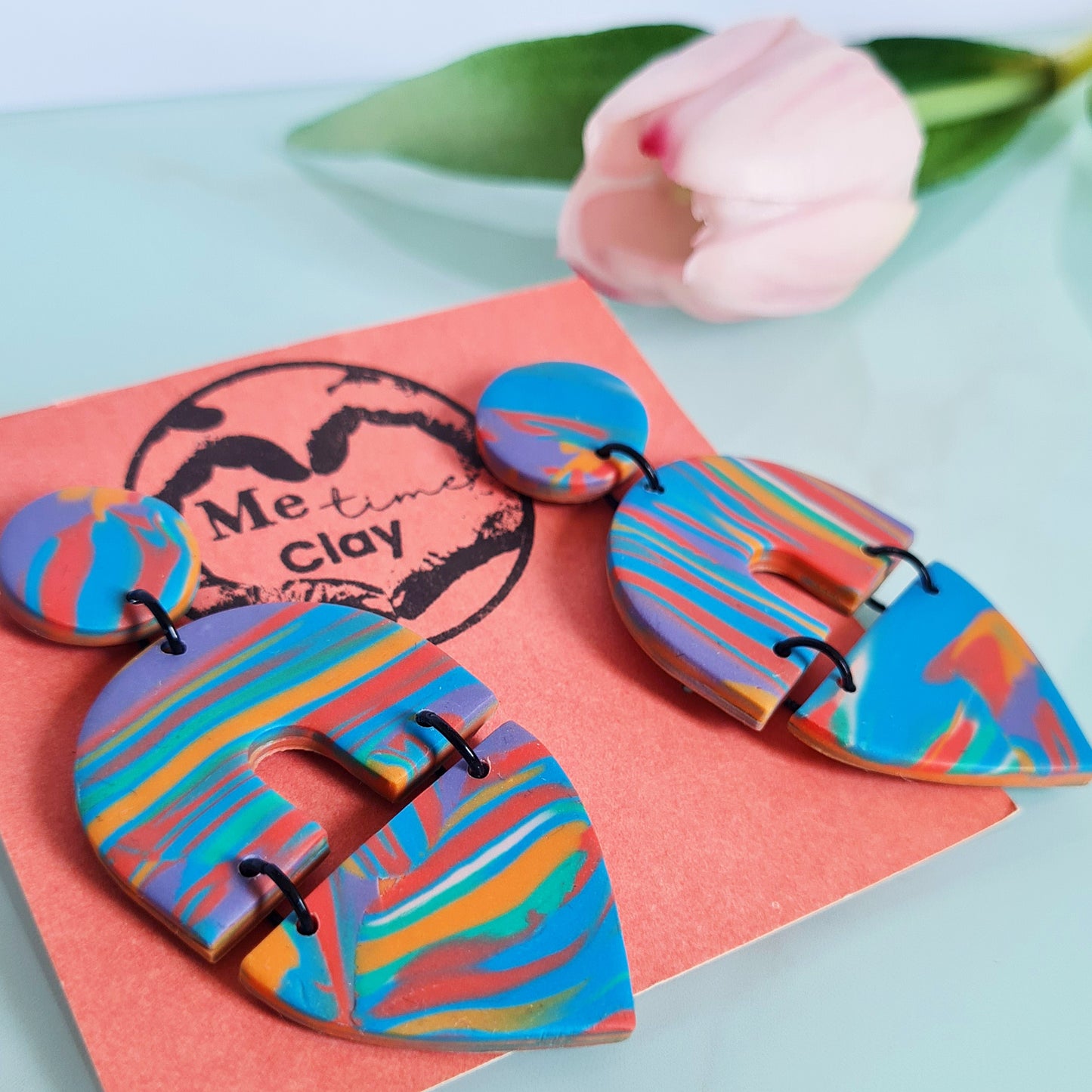 Aztec marbled polymer clay dangle statement earrings, zero waste earrings