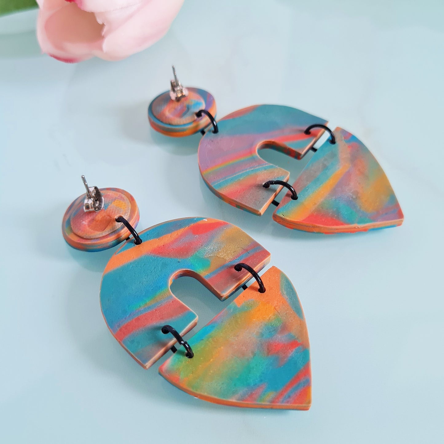 Aztec marbled polymer clay dangle statement earrings, zero waste earrings