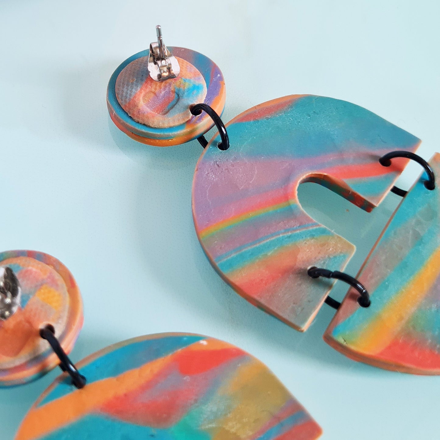 Aztec marbled polymer clay dangle statement earrings, zero waste earrings