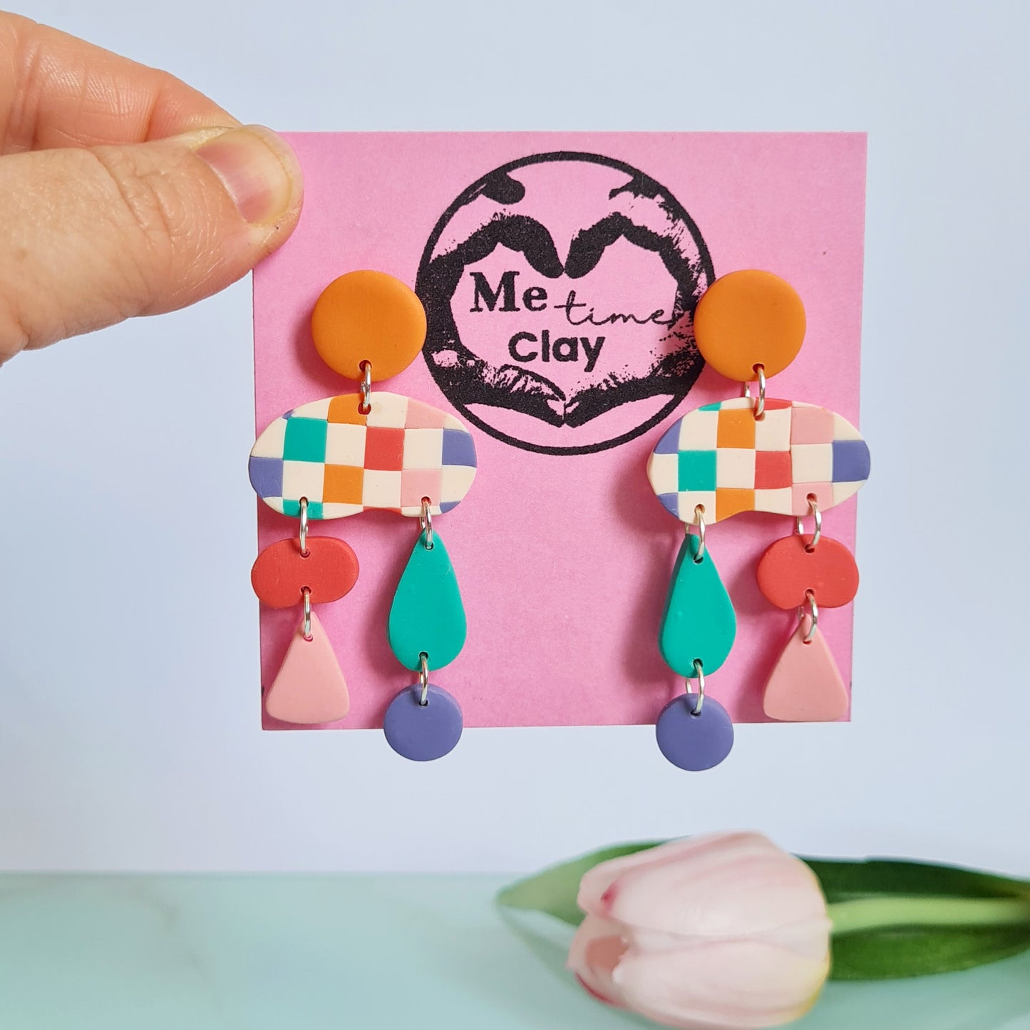 Checkered, spring polymer clay dangle earrings, unique design drops
