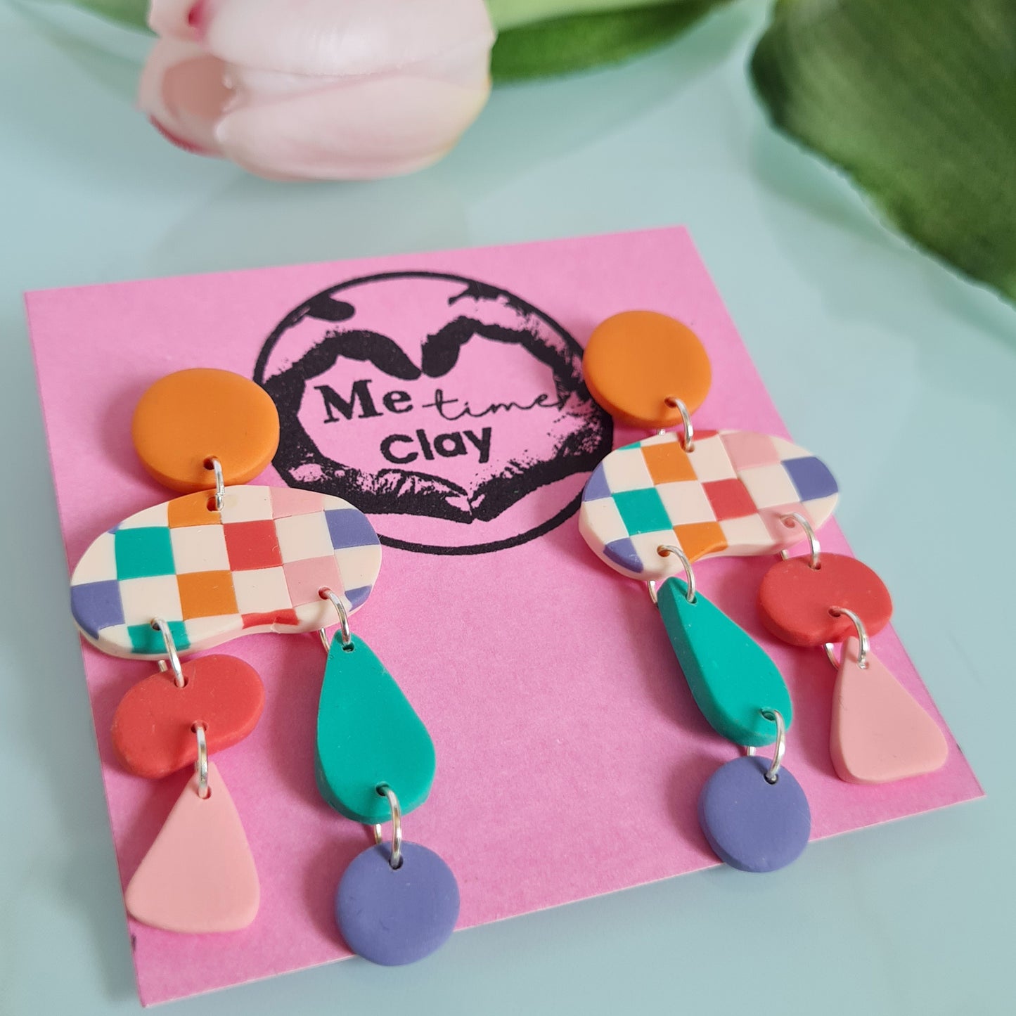 Checkered, spring polymer clay dangle earrings, unique design drops
