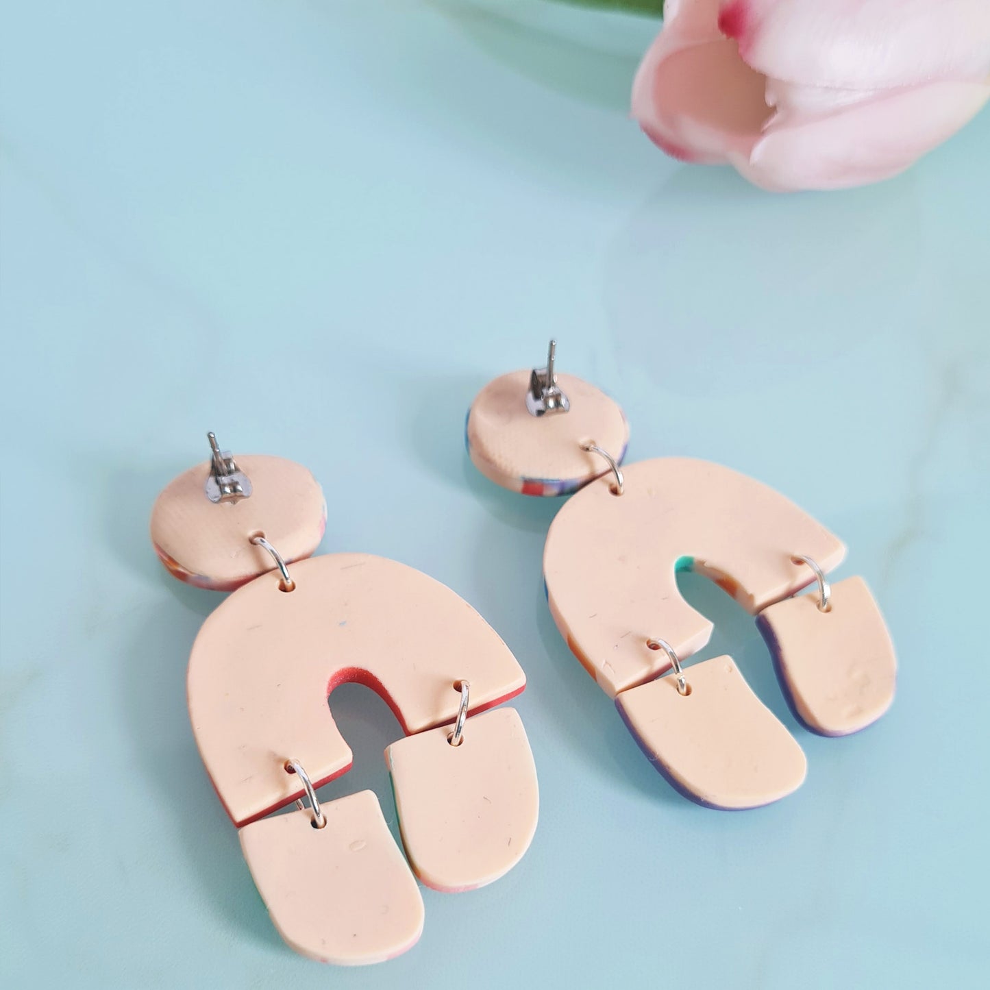 Checkered, spring polymer clay dangle earrings, unique design arch
