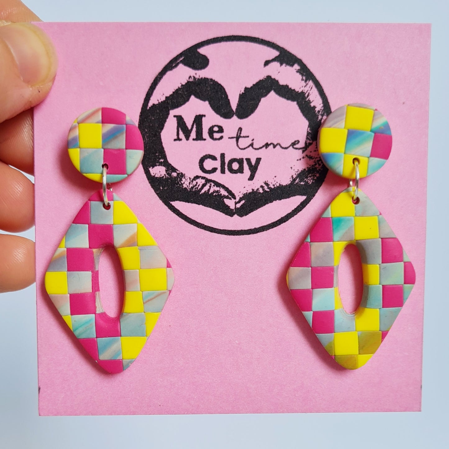 Checkered pastel diamond polymer clay dangle earrings