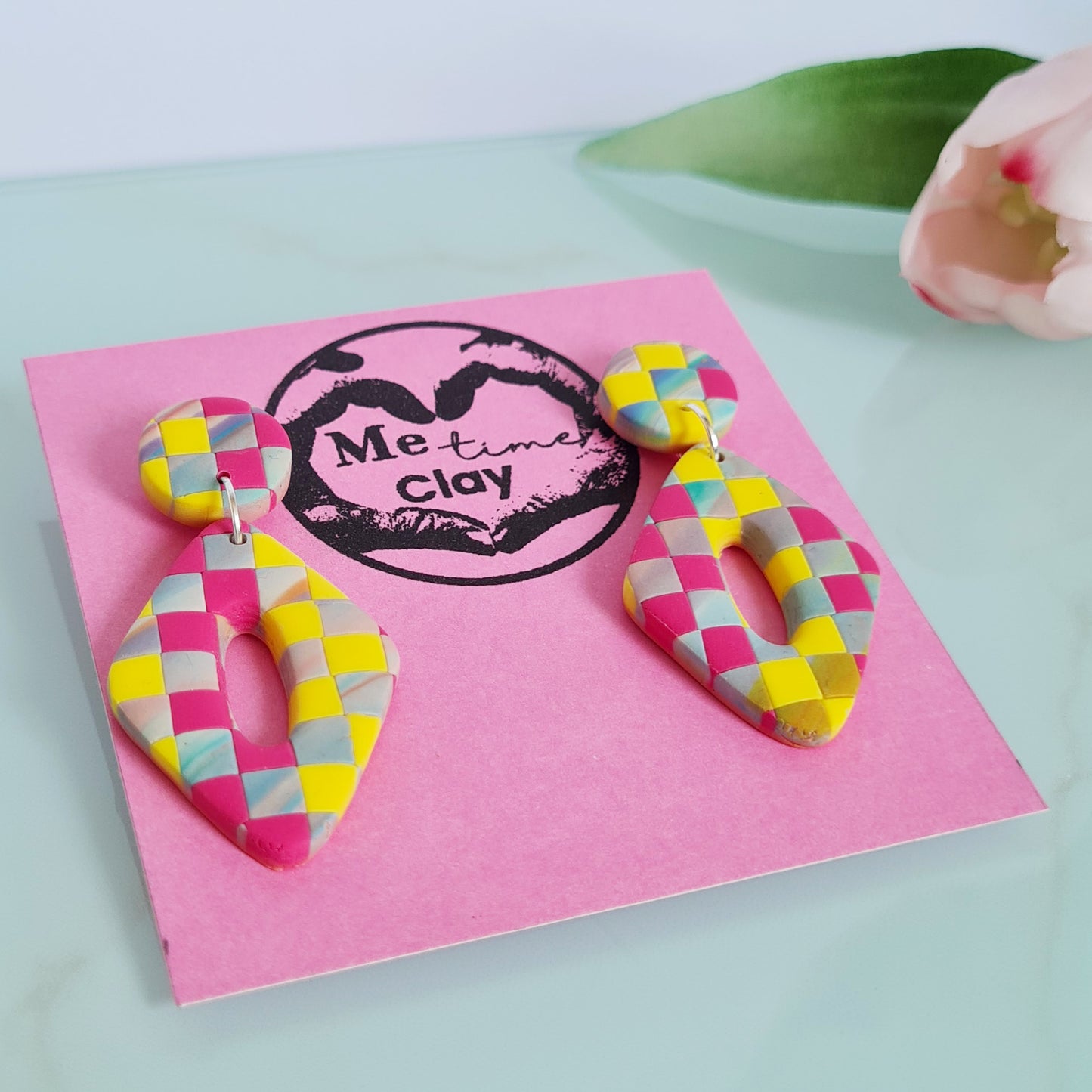 Checkered pastel diamond polymer clay dangle earrings
