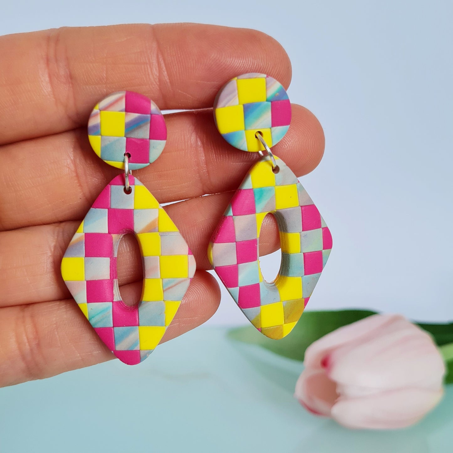 Checkered pastel diamond polymer clay dangle earrings