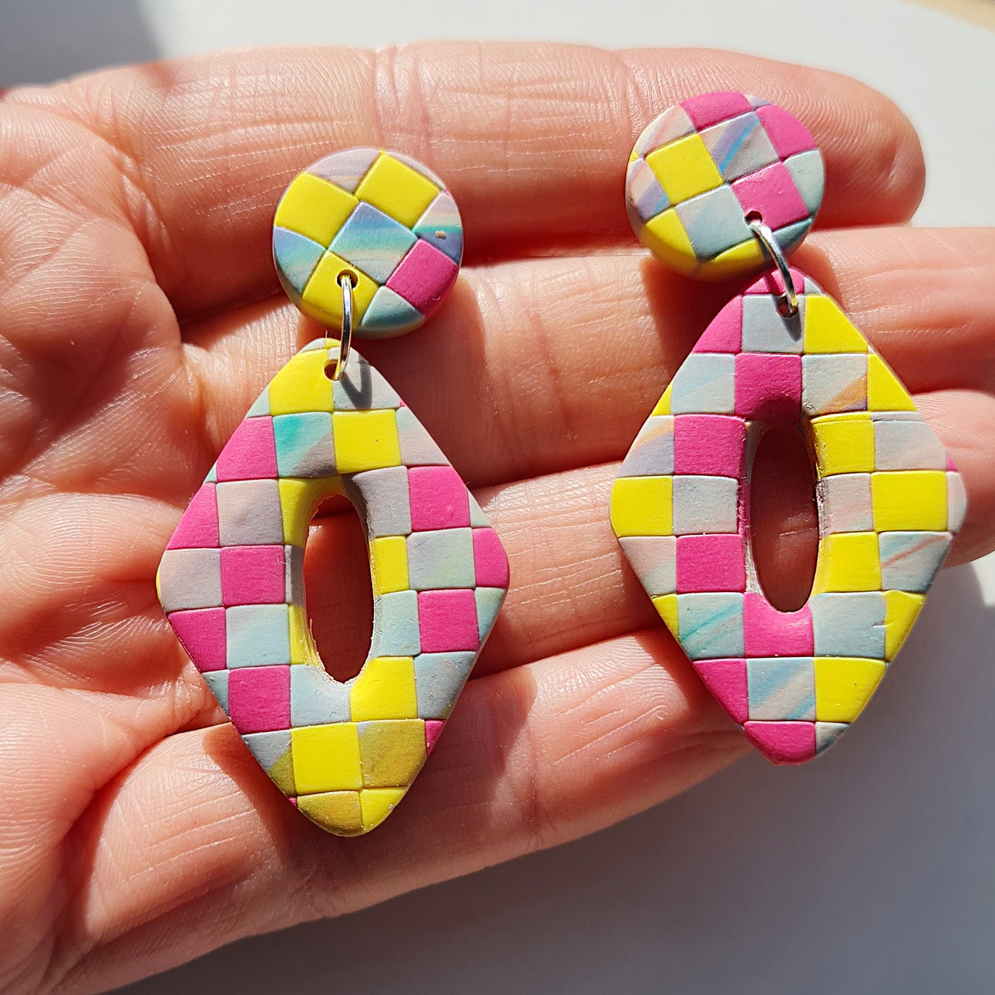 Checkered pastel diamond polymer clay dangle earrings