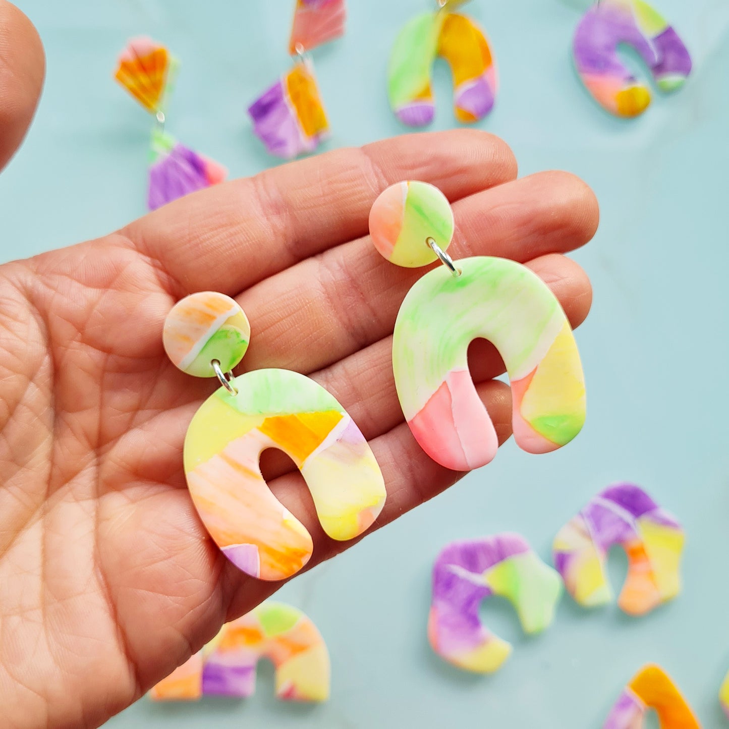 Neon sunset polymer clay dangle earrings arch