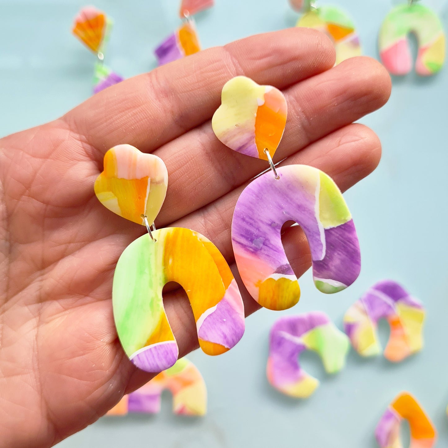 Neon sunset polymer clay dangle earrings flower, arch