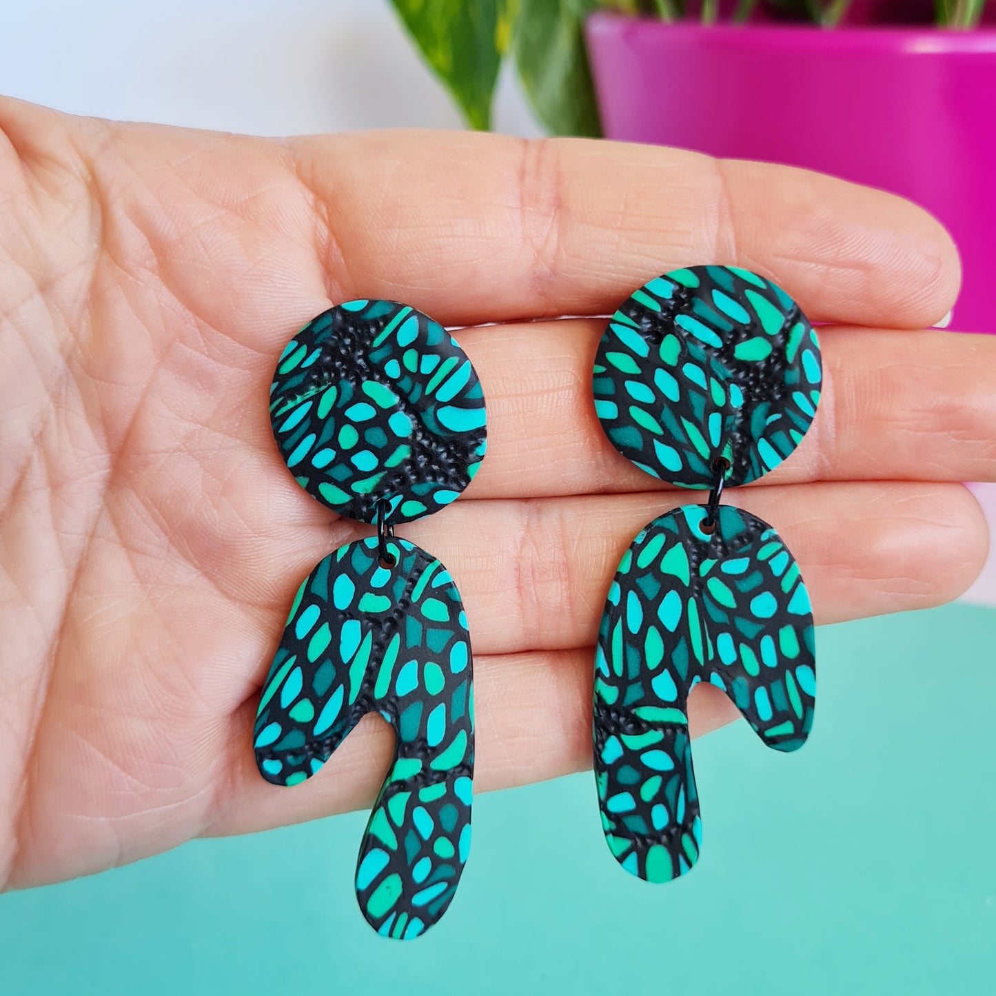 Evergreen polymer clay dangle statement earrings arch