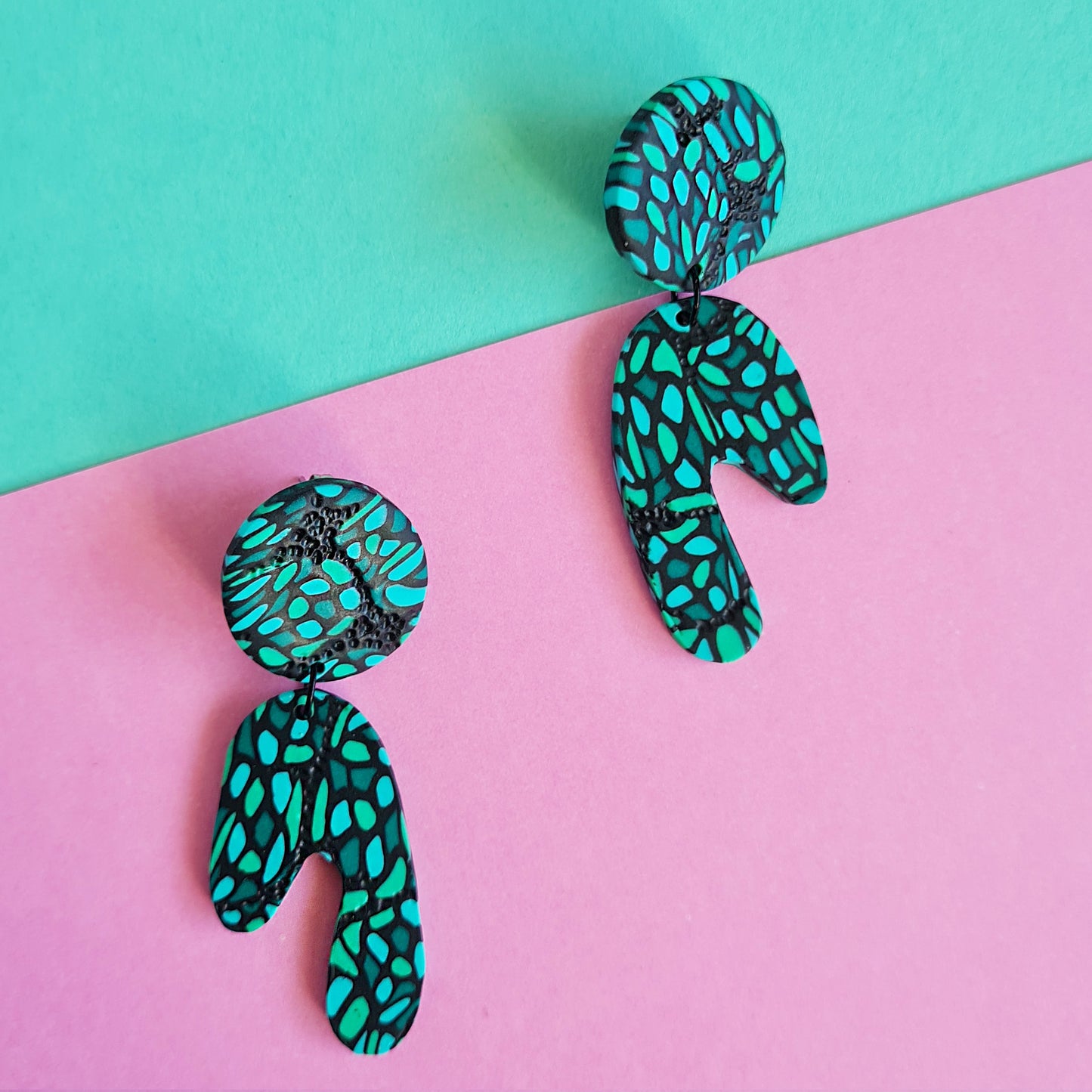 Evergreen polymer clay dangle statement earrings arch