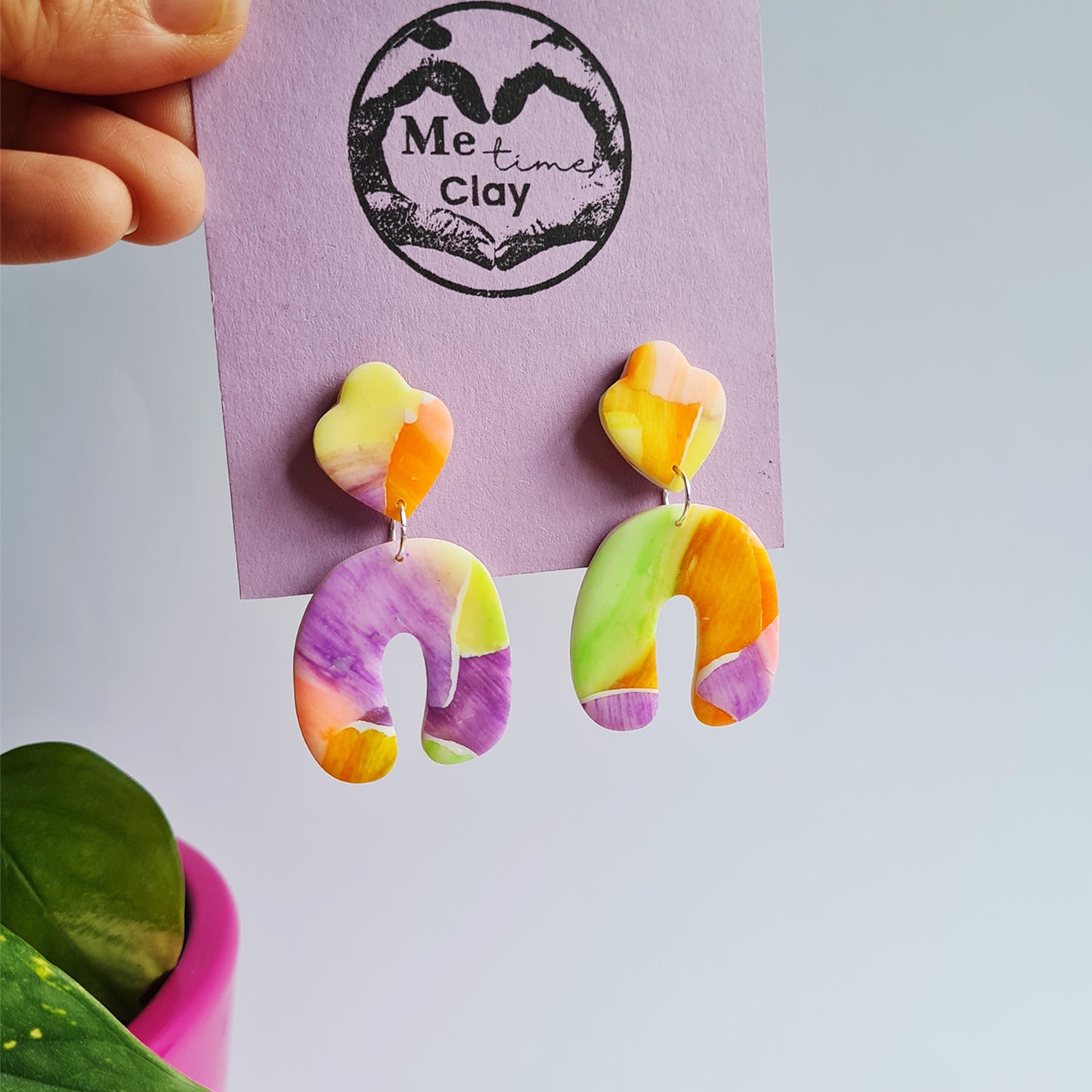 Neon sunset polymer clay dangle earrings flower, arch