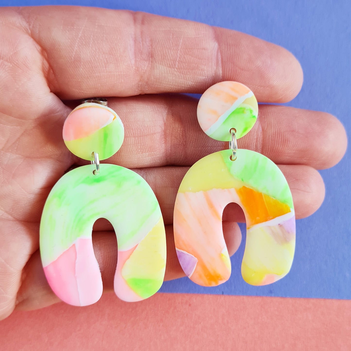 Neon sunset polymer clay dangle earrings arch