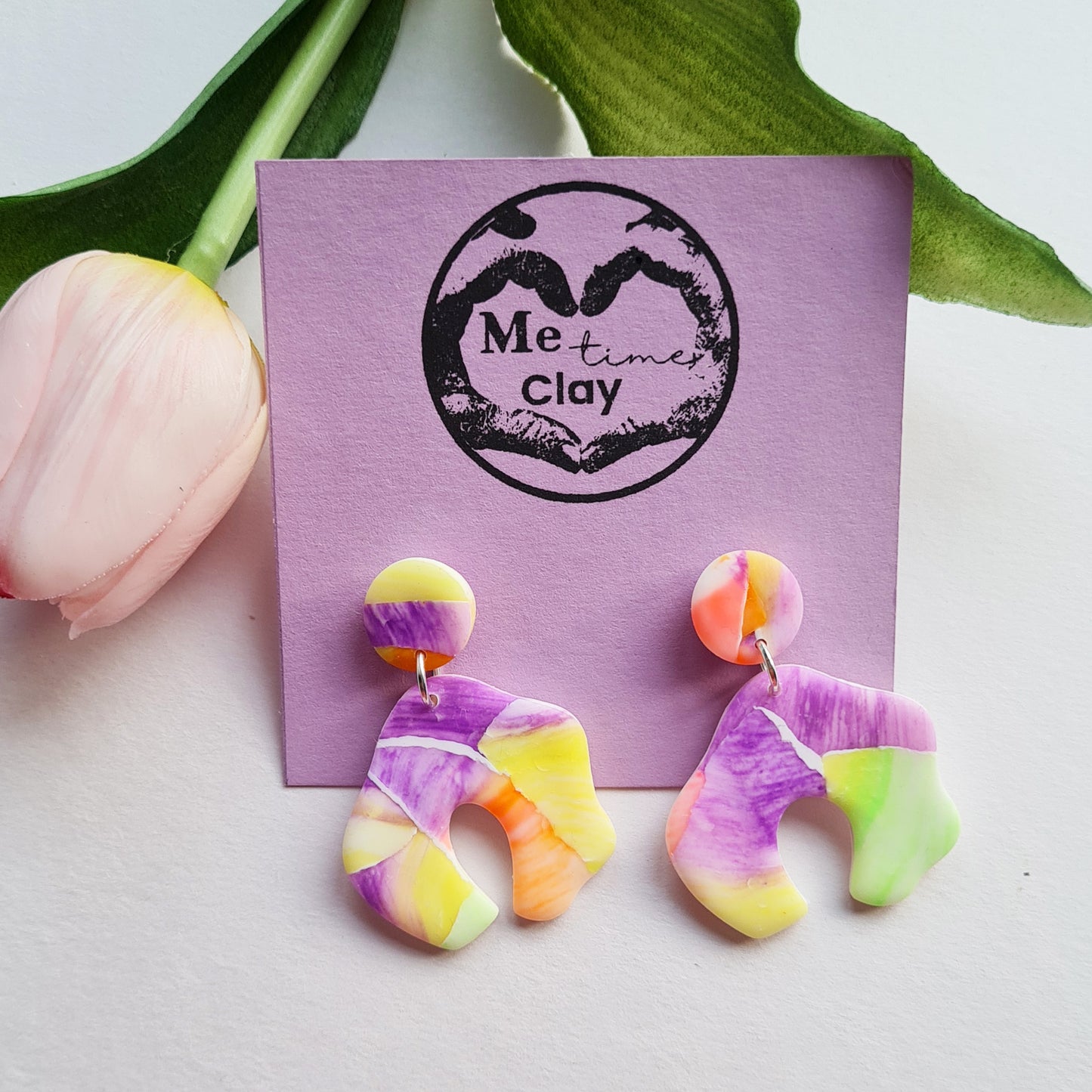 Neon sunset polymer clay dangle earrings floral