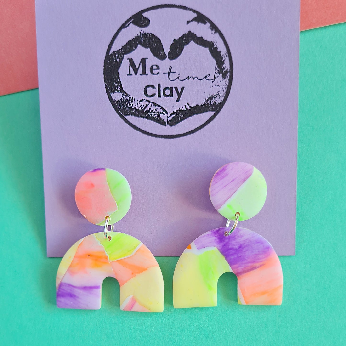 Neon sunset water coloured dangle earrings rainbow