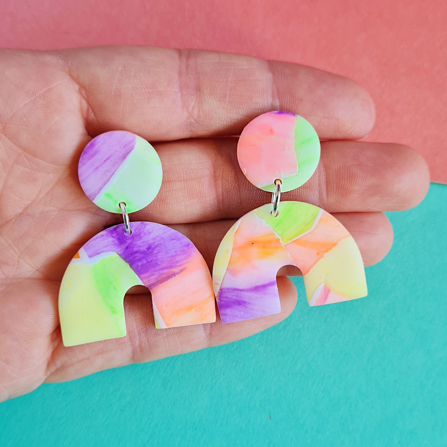 Neon sunset water coloured dangle earrings rainbow