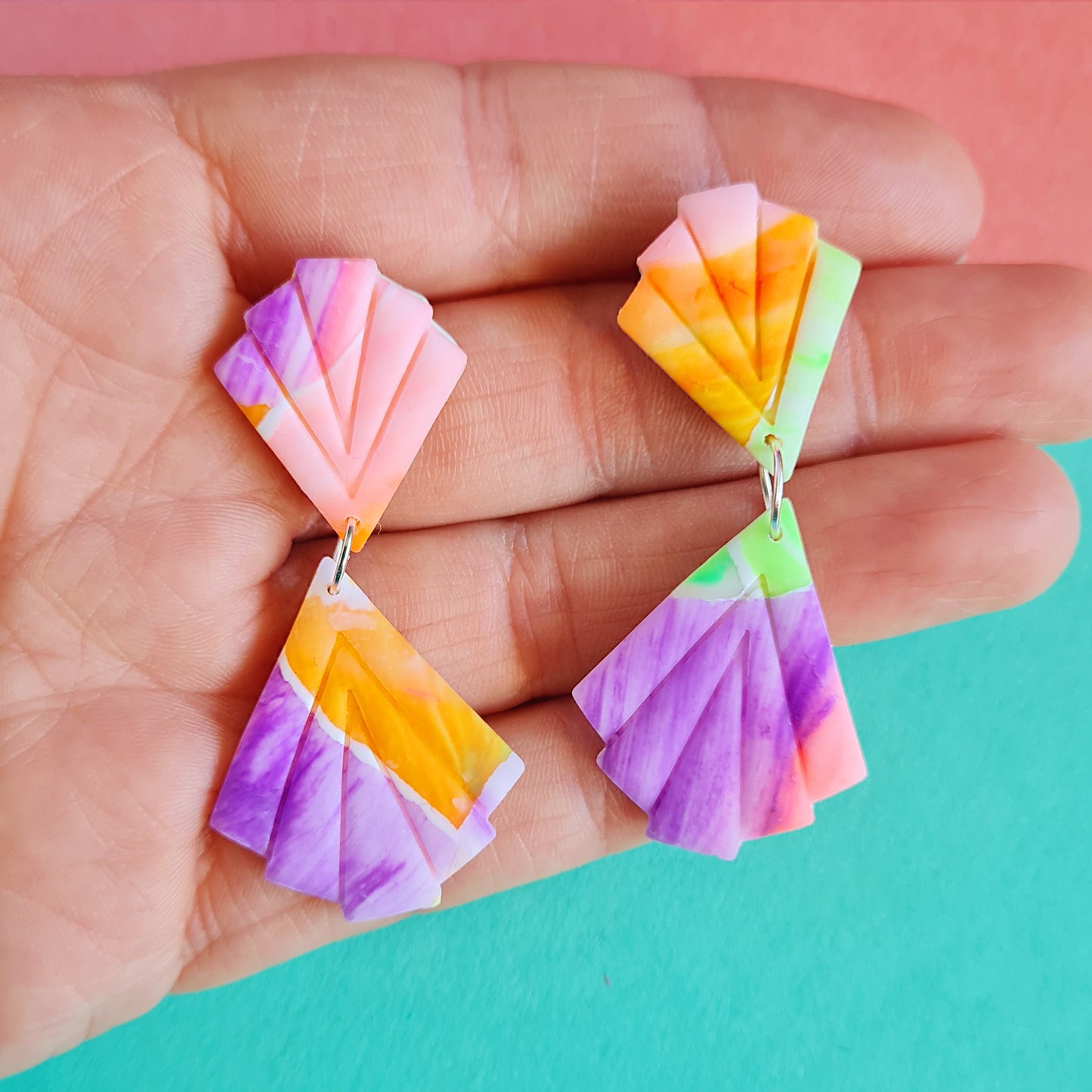 Neon sunset polymer clay dangle earrings art deco style