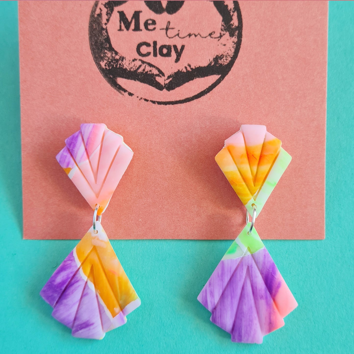 Neon sunset polymer clay dangle earrings art deco style