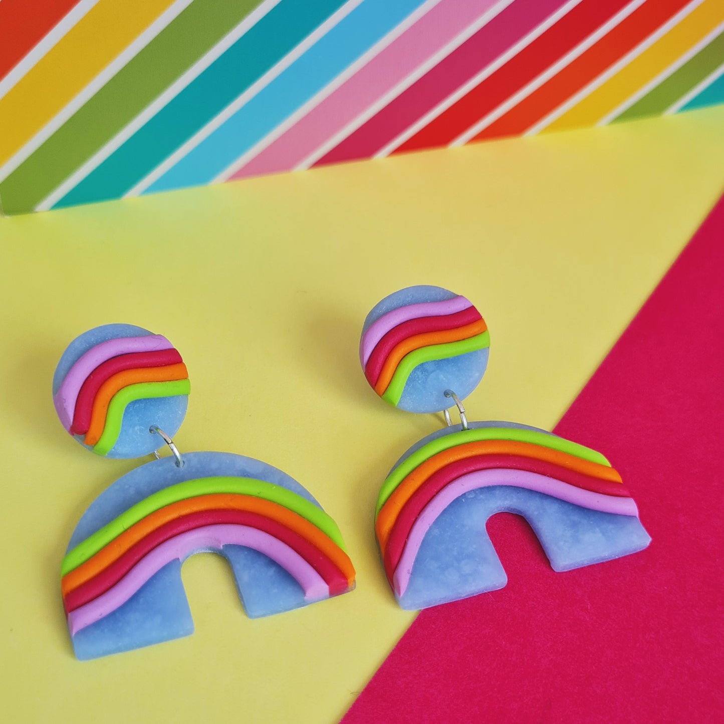 Rainbow polymer clay translucent, unique design, dangle earrings