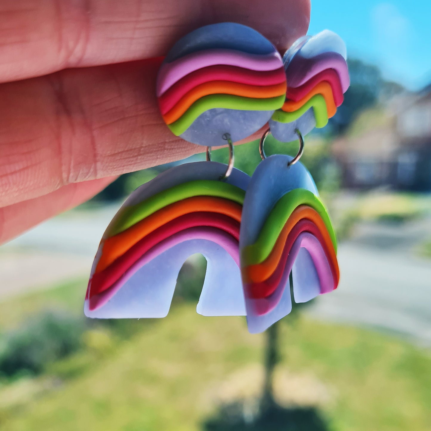 Rainbow polymer clay translucent, unique design, dangle earrings