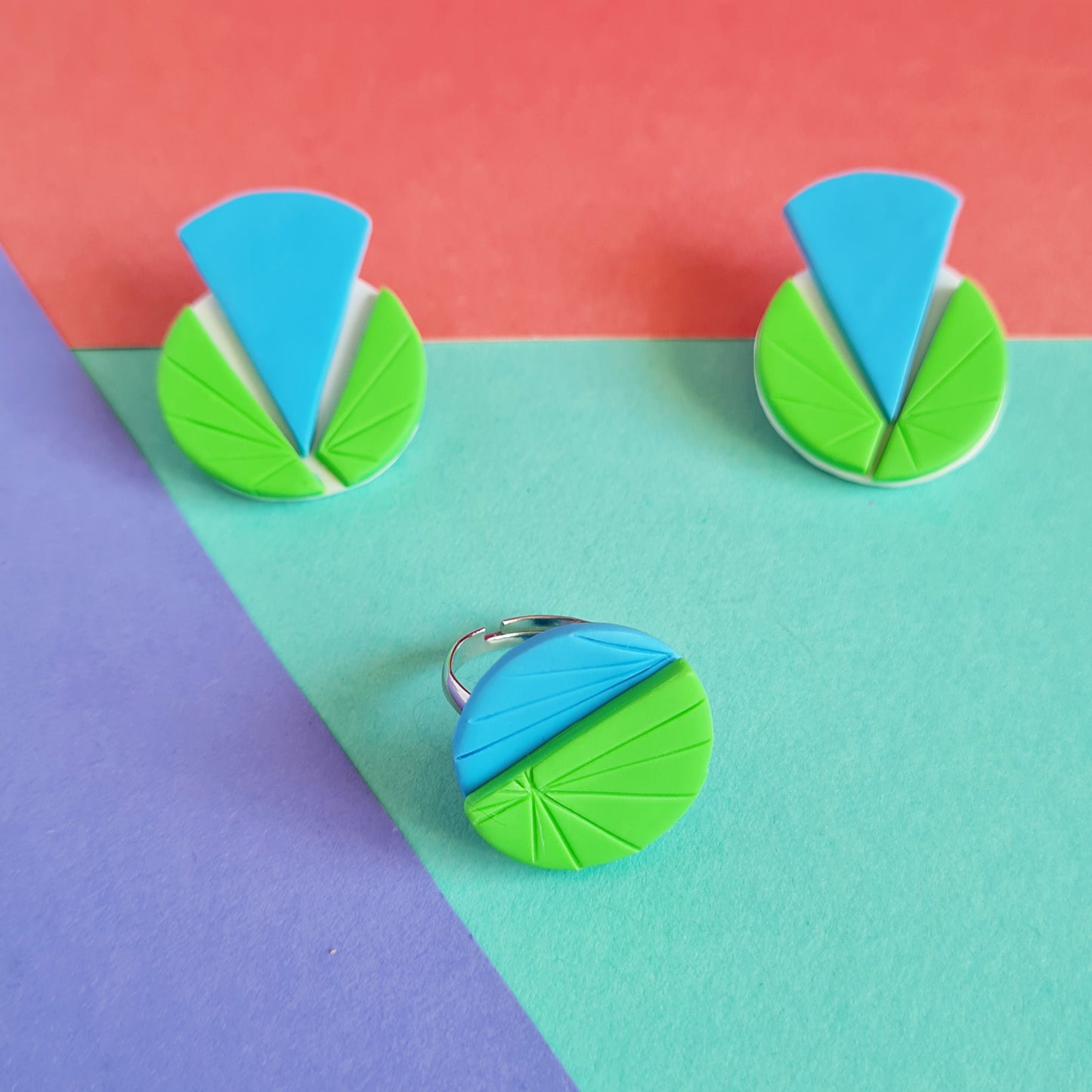 Geometric art deco polymer clay set /ring+earrings/ light
