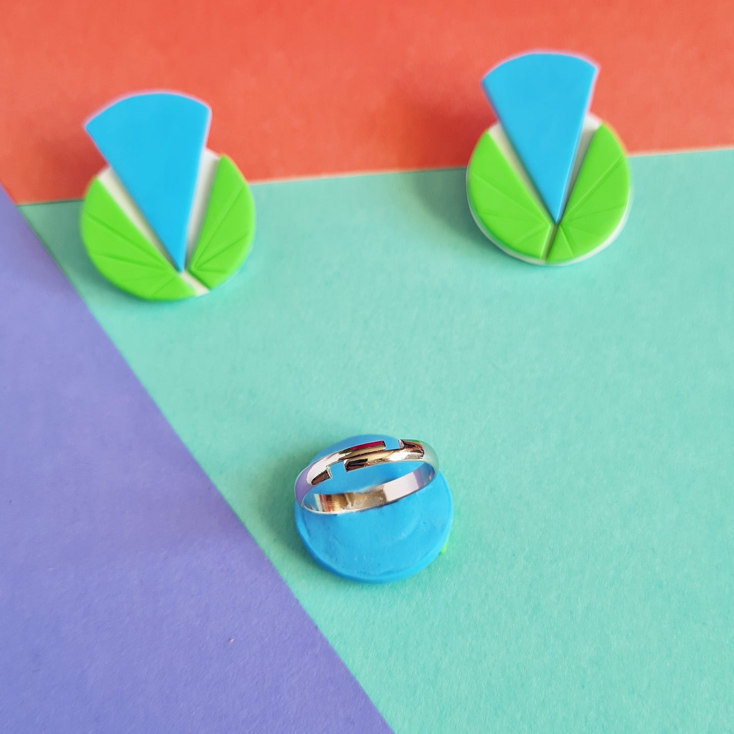 Geometric art deco polymer clay set /ring+earrings/ light