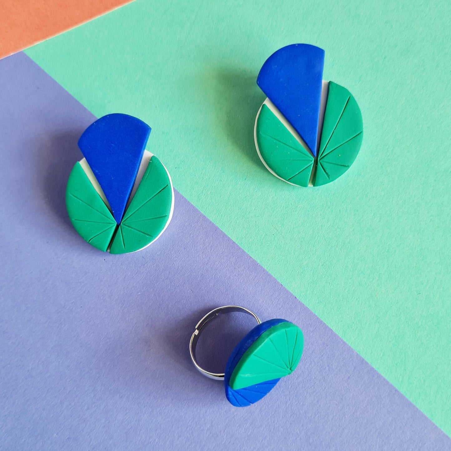 Geometric art deco polymer clay set /ring+earrings/ dark