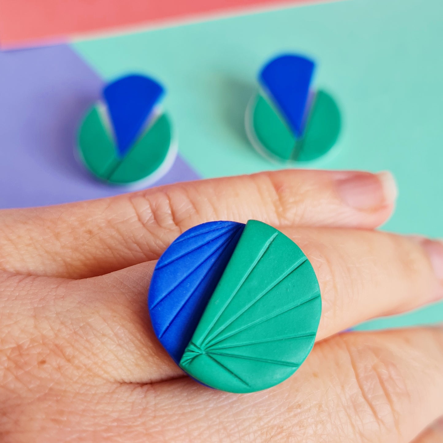 Geometric art deco polymer clay set /ring+earrings/ dark
