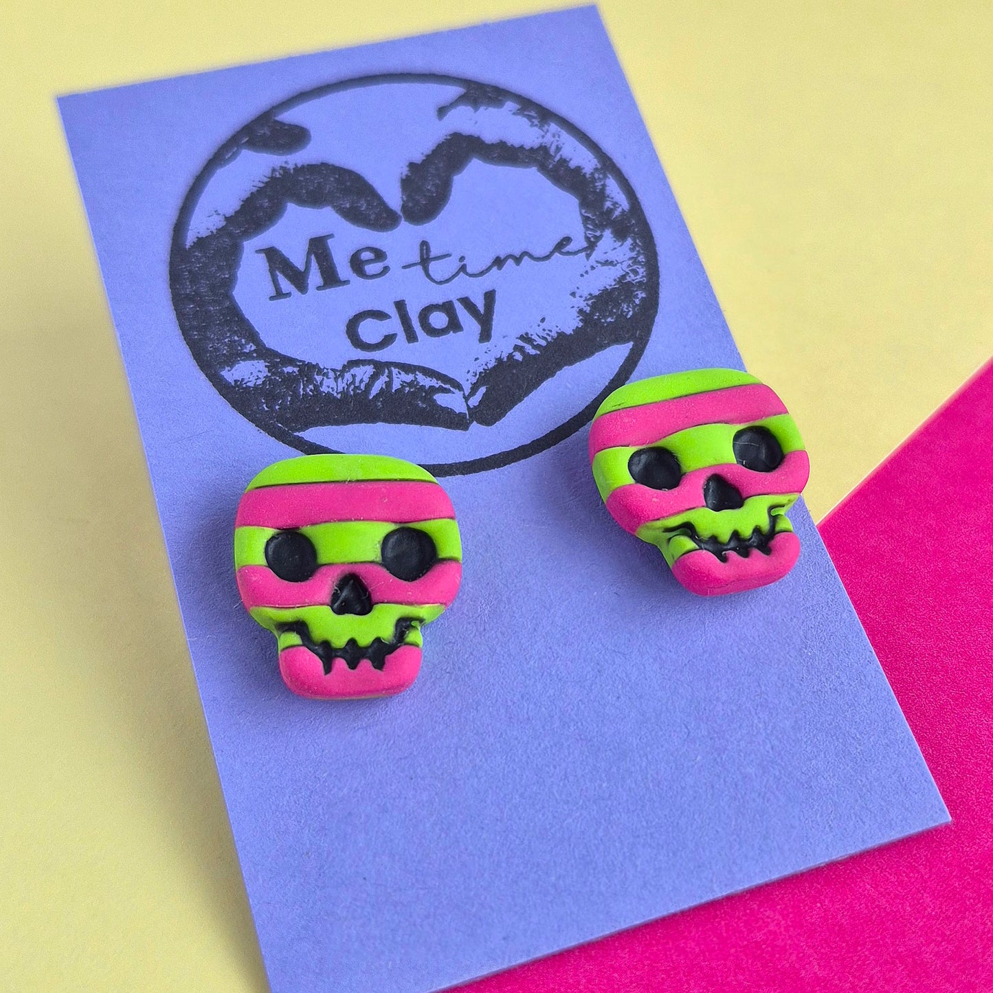 Cute halloween stripy stud earrings, skull lime green+ dark pink