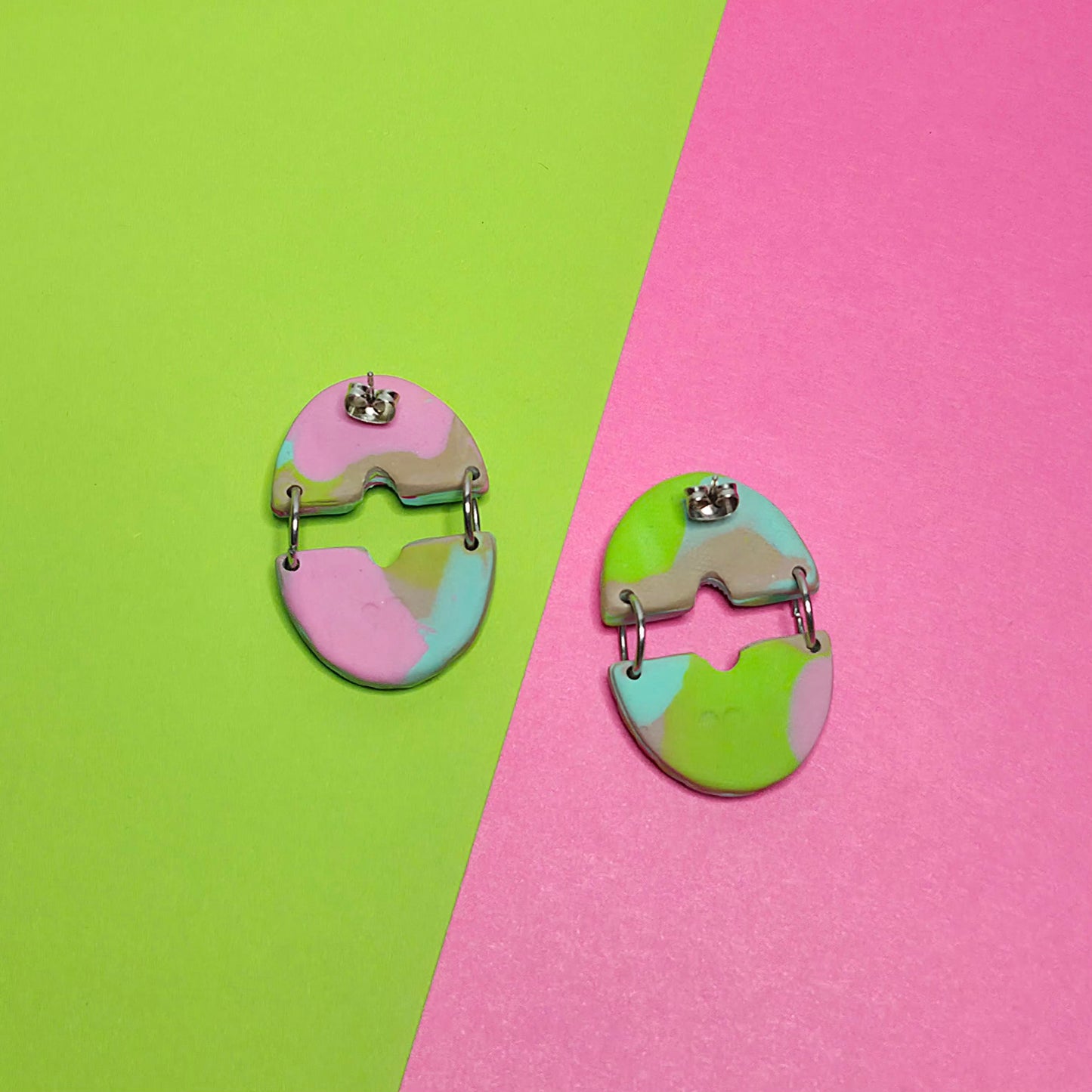 Geometric half circle polymer clay dangle earrings abstract blue