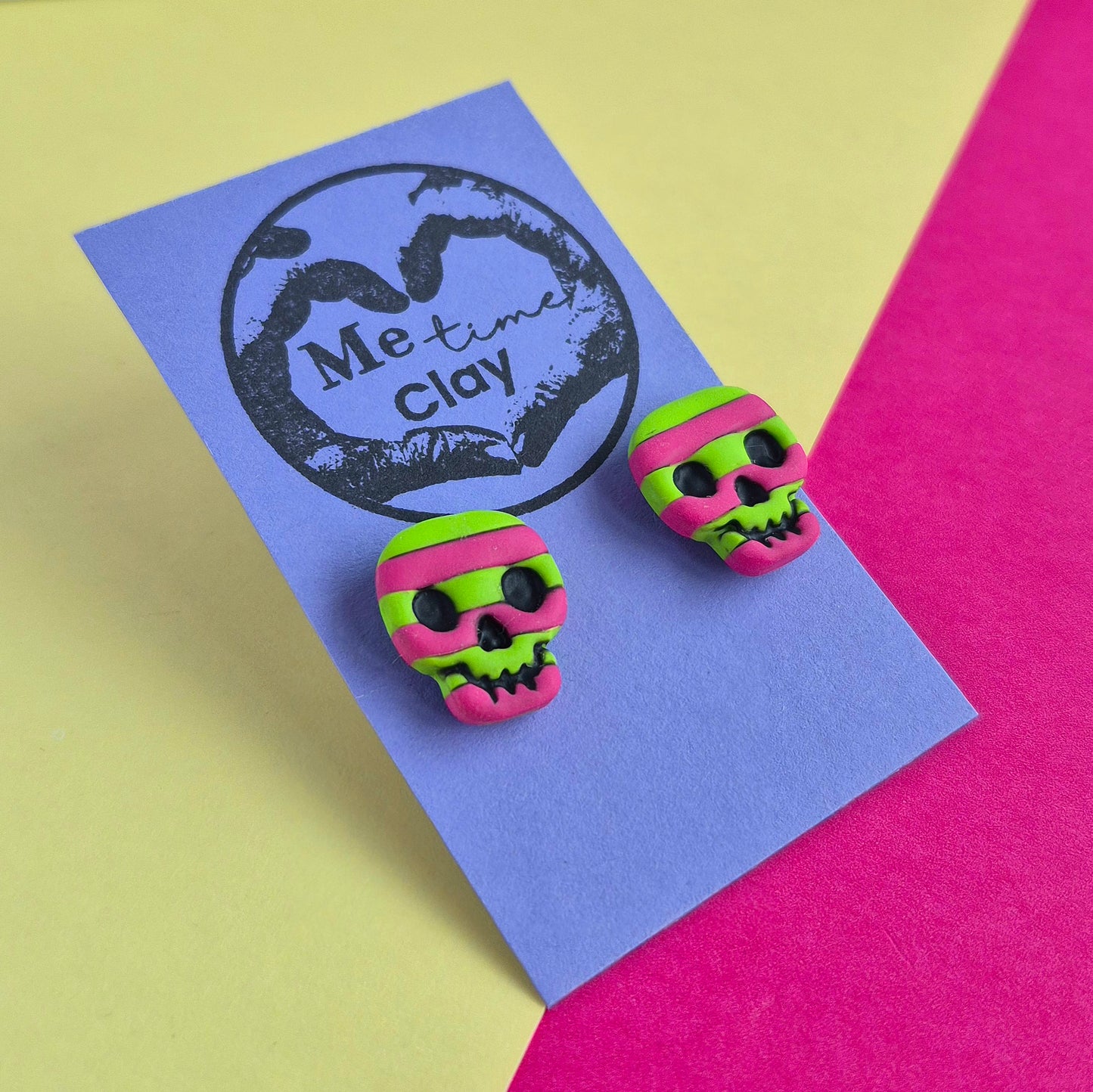Cute halloween stripy stud earrings, skull lime green+ dark pink