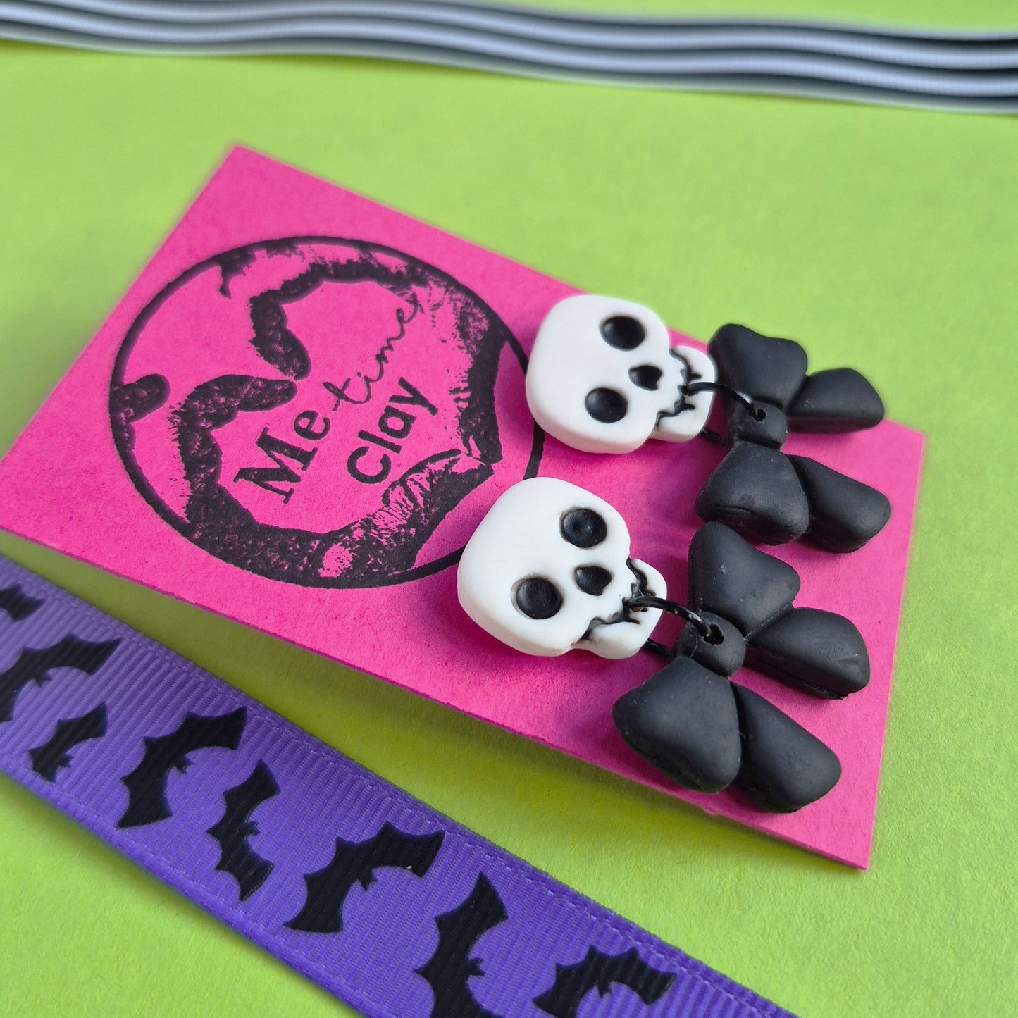 Cute halloween dangle earrings, skull + bow, white + black (made to order)