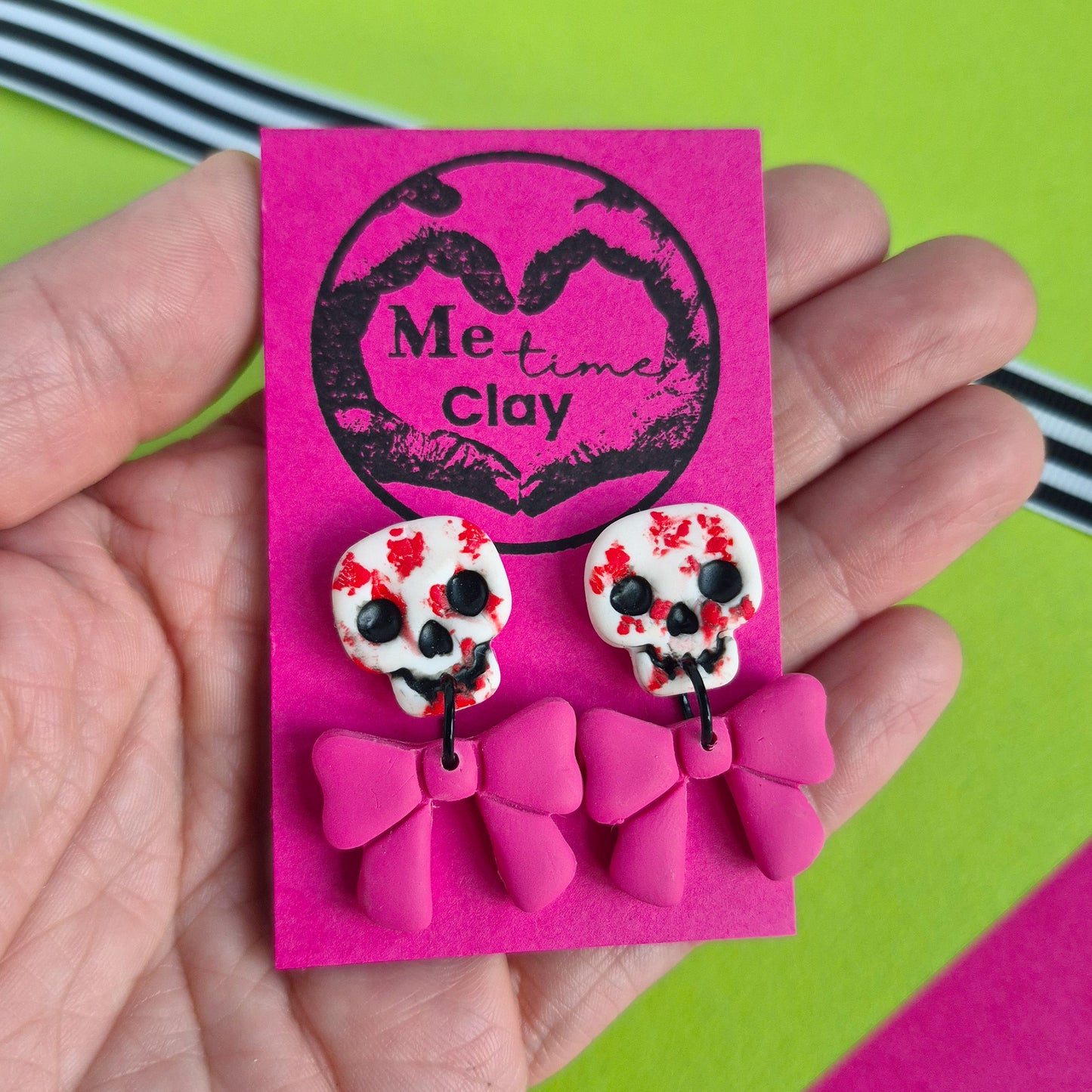 Cute halloween dangle earrings, skull + bow, white bloody + dark pink