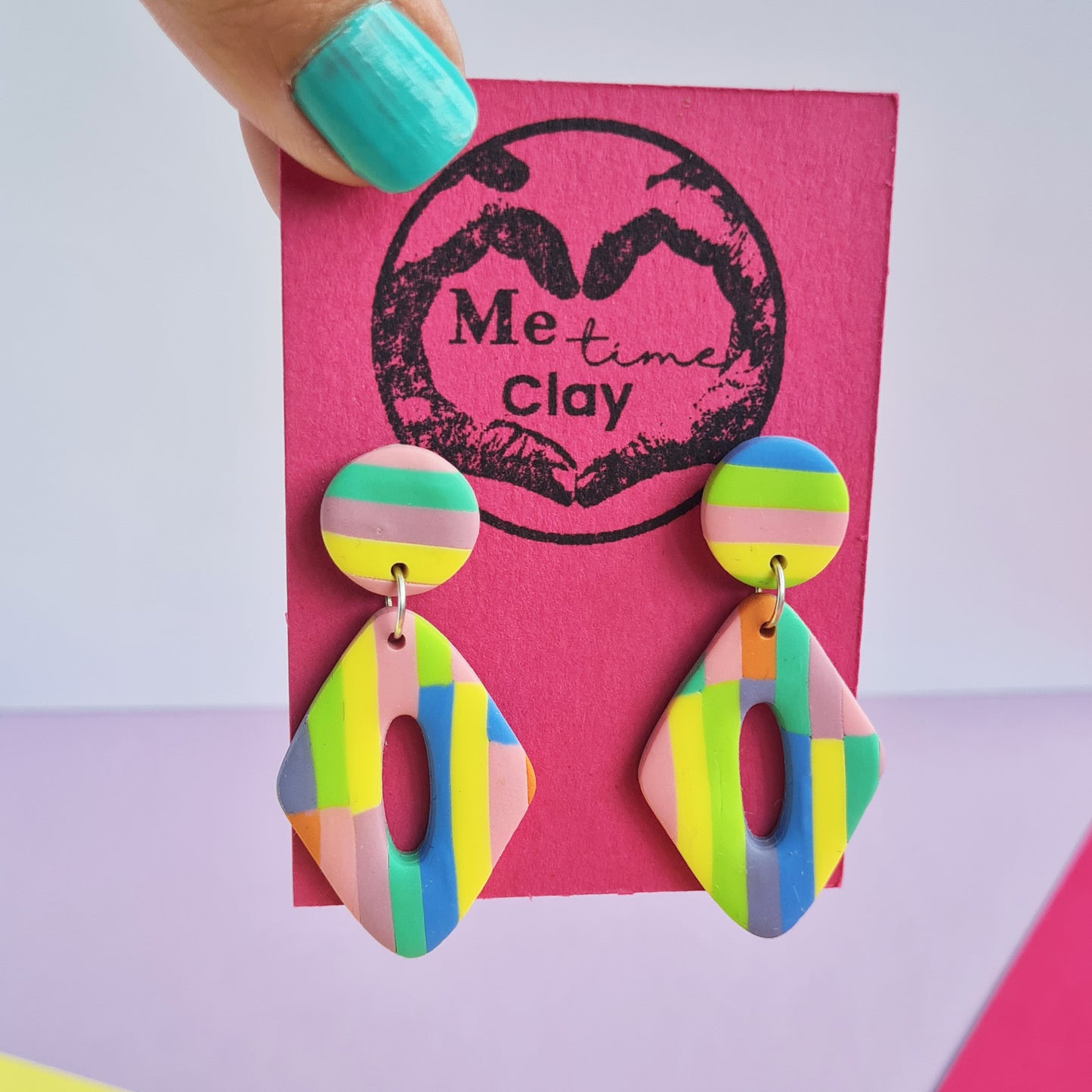 Stripy pastel diamond shape polymer clay dangle earrings