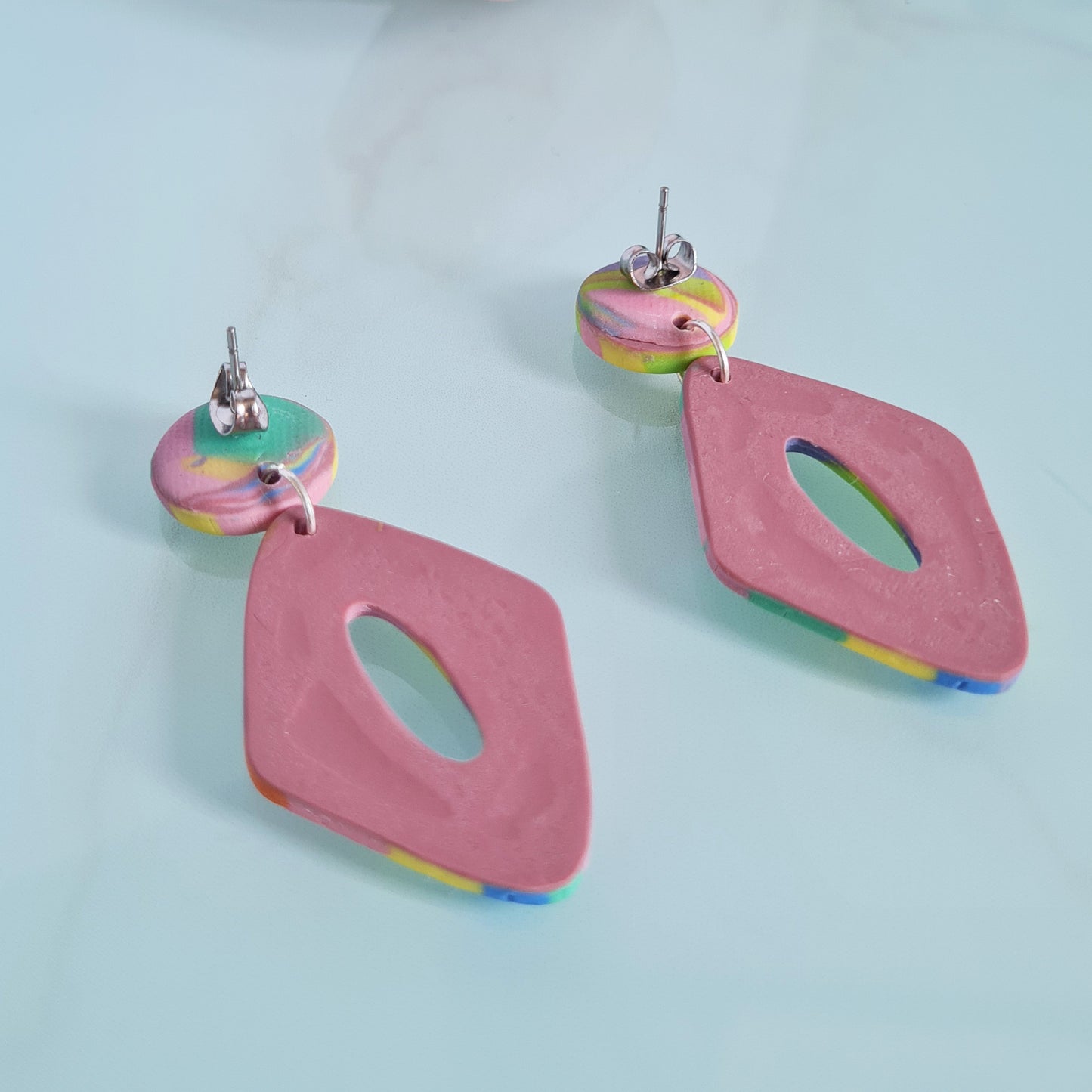 Stripy pastel diamond shape polymer clay dangle earrings