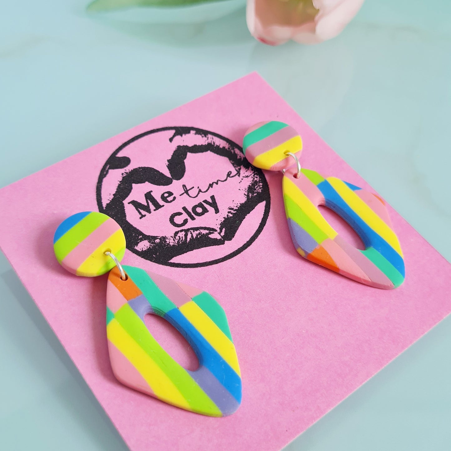 Stripy pastel diamond shape polymer clay dangle earrings