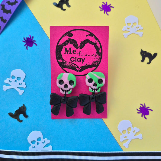 Cute halloween dangle earrings, skull + bow, green&green-pink + black