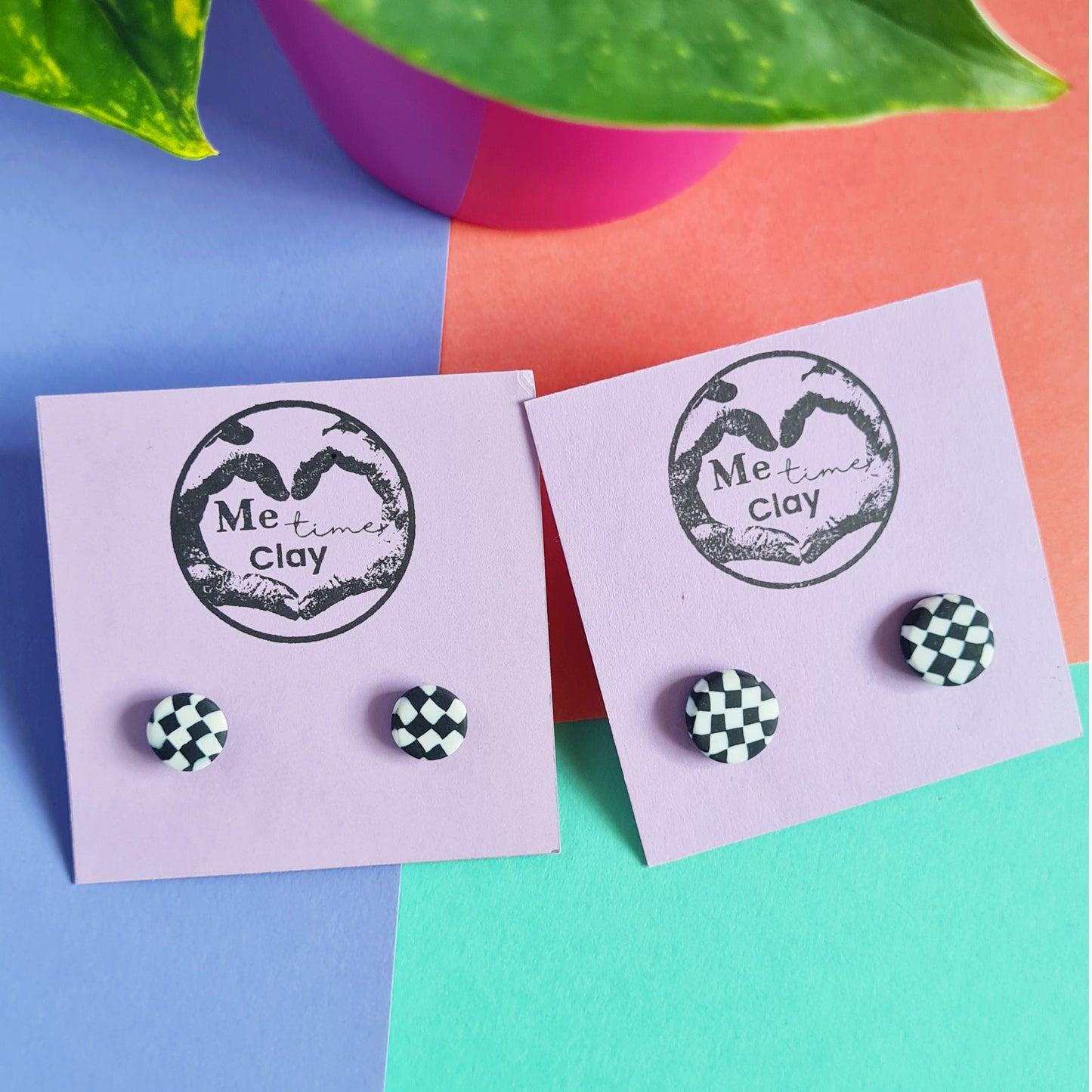 Black & white checkered stud earrings set (2 pairs)