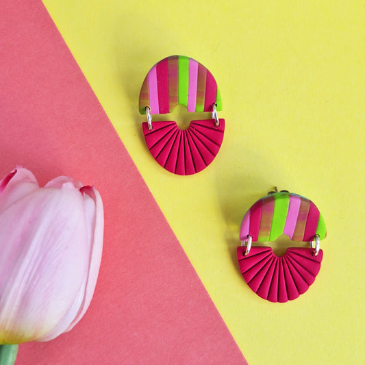 Geometric half circle polymer clay dangle earrings burgundy