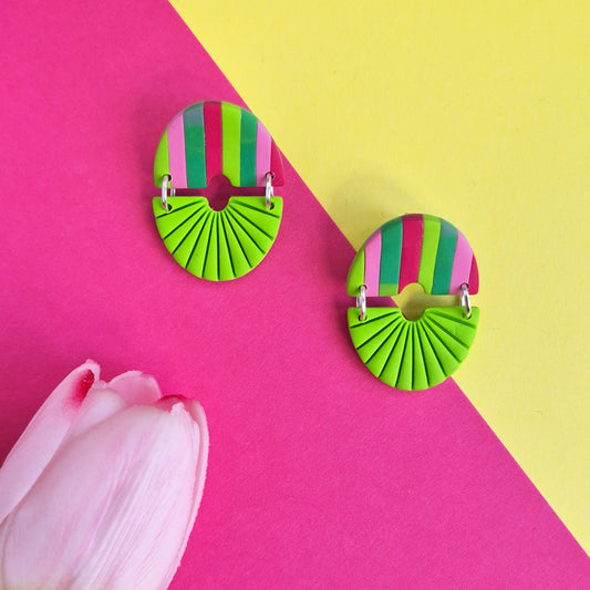 Geometric half circle polymer clay dangle earrings green