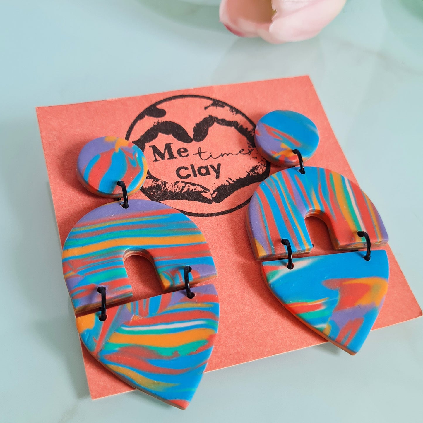 Aztec marbled polymer clay dangle statement earrings, zero waste earrings