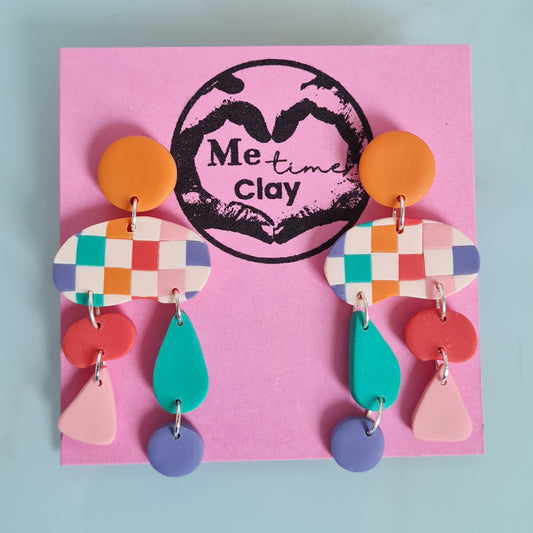 Checkered, spring polymer clay dangle earrings, unique design drops