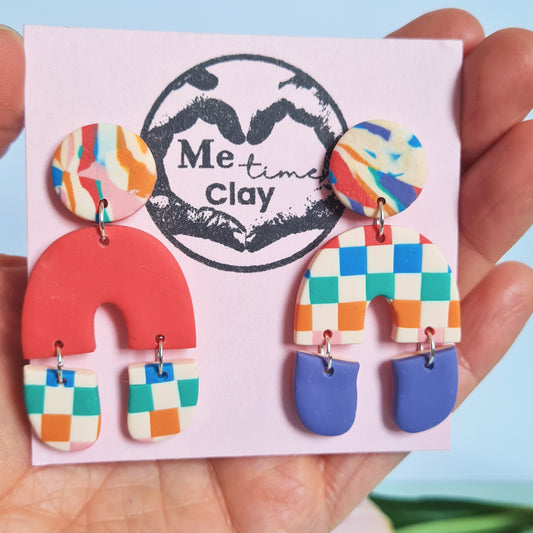 Checkered, spring polymer clay dangle earrings, unique design arch