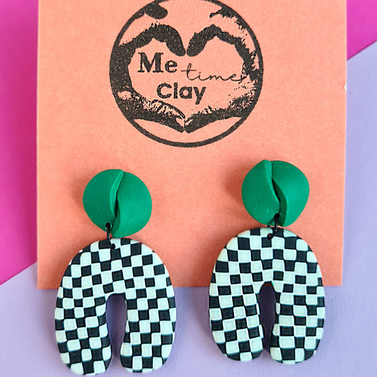 Black & white checkered green dangle earrings