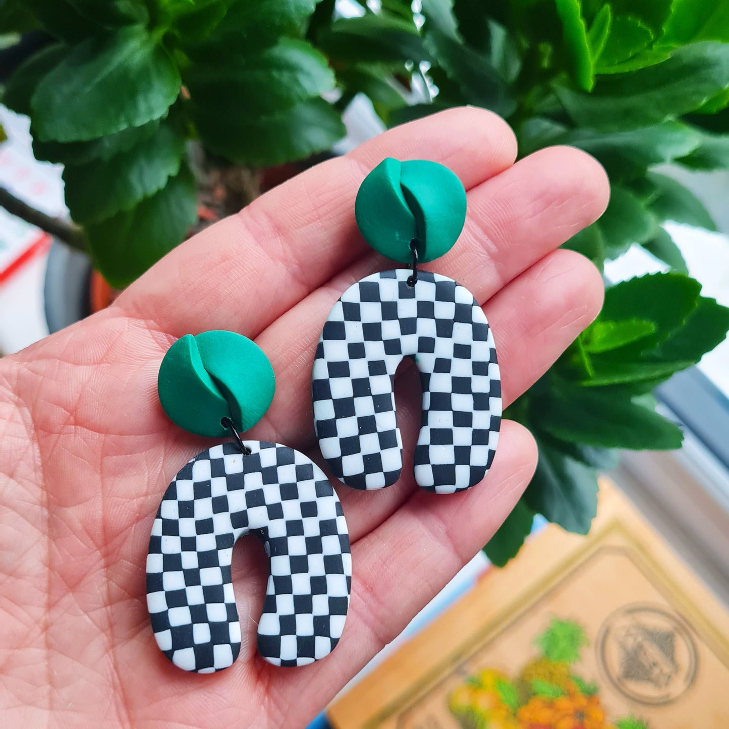 Black & white checkered green dangle earrings