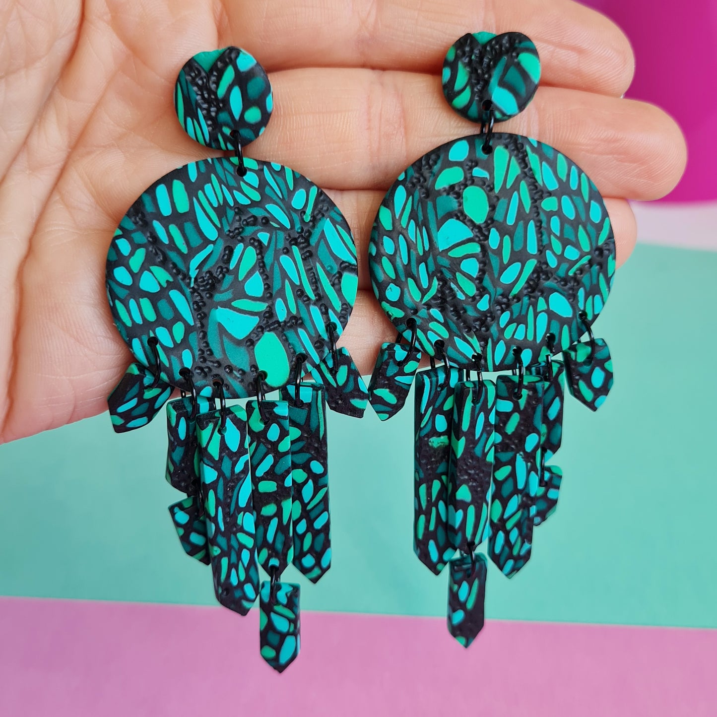 Evergreen bright dangle statement earrings spotted chandelier